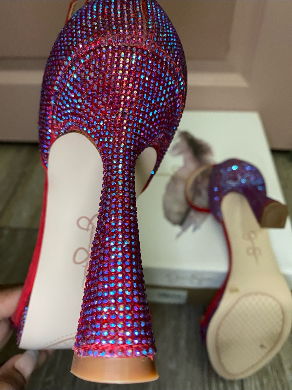 Jessica Simpson Red Suede Ankle-Strap Heels with Crystal Strap - Picture 7 of 8